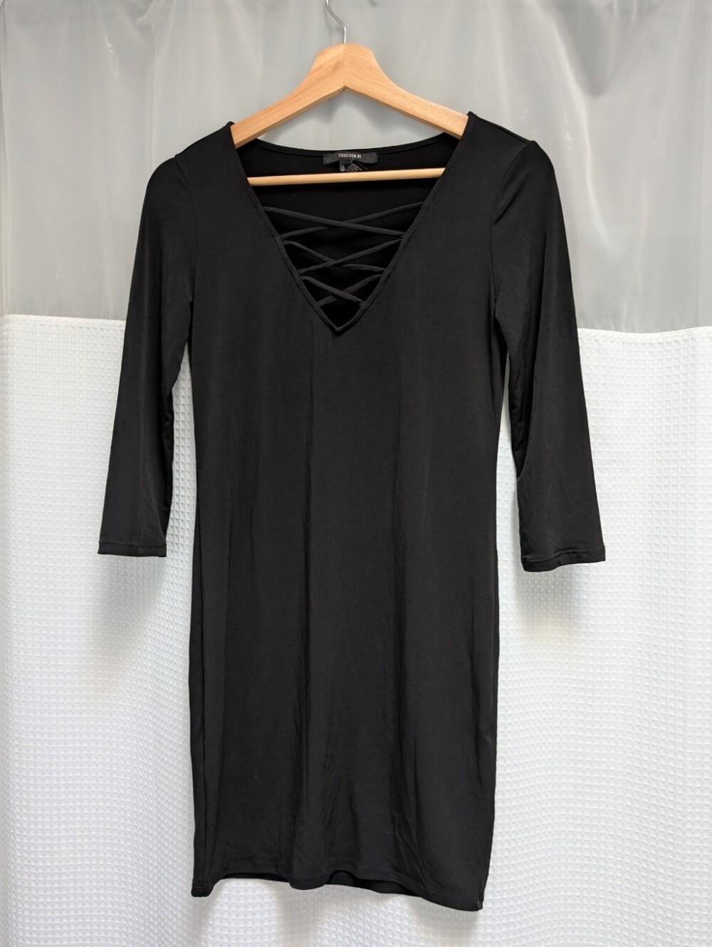3/$20 Forever21 Black Mini Dress Front Lace Up Quarter Sleeve Size Small/Medium